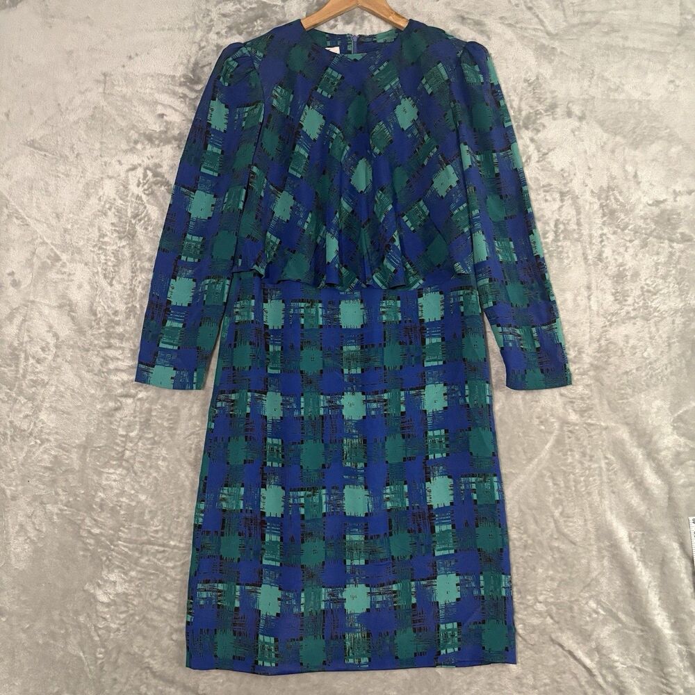Vintage R&K Originals Womens Dress 8 Blue Green Abstract Geometric Retro VTG 90s